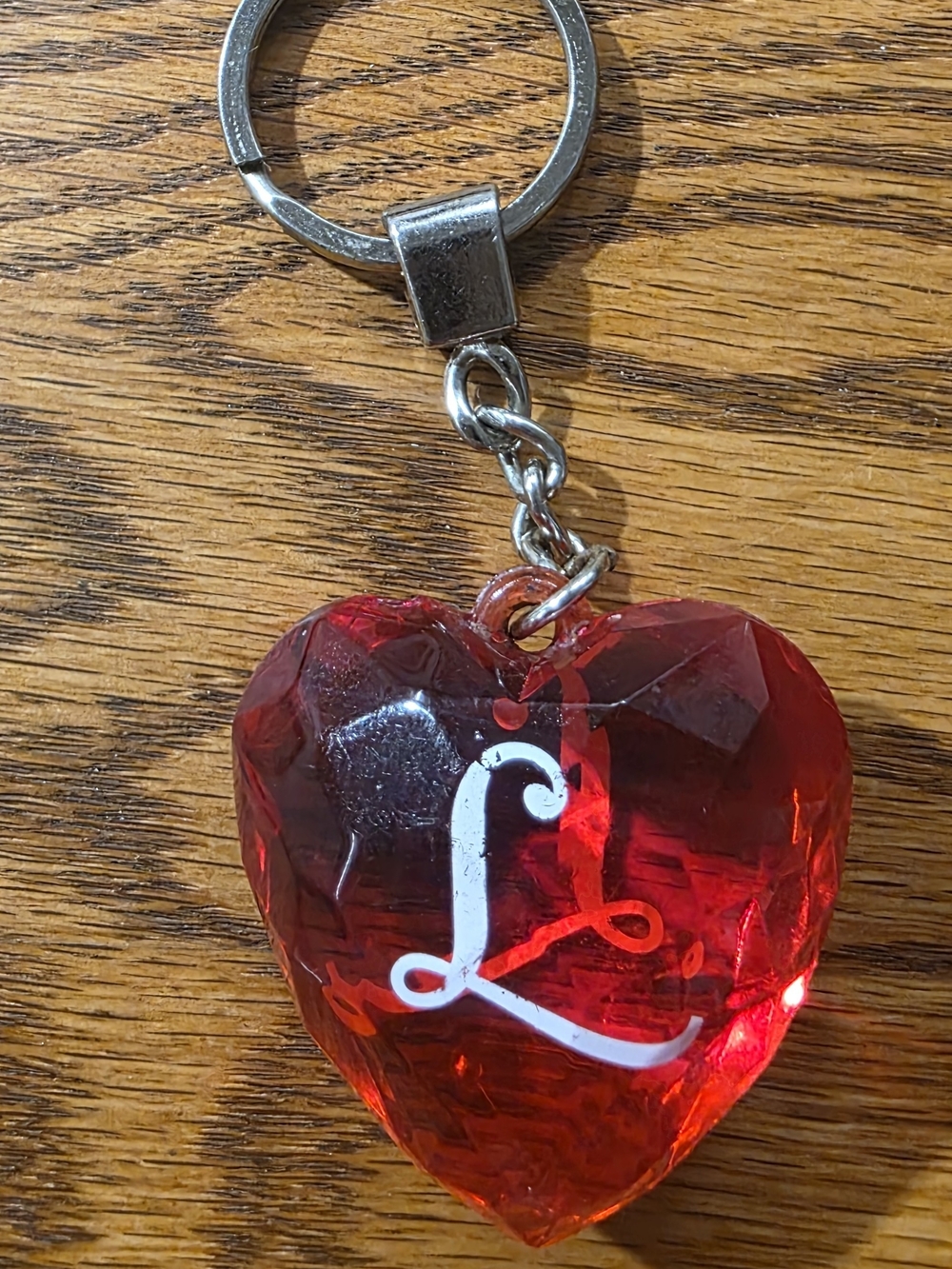 Red Faceted Heart Keychain with White Script 'L'